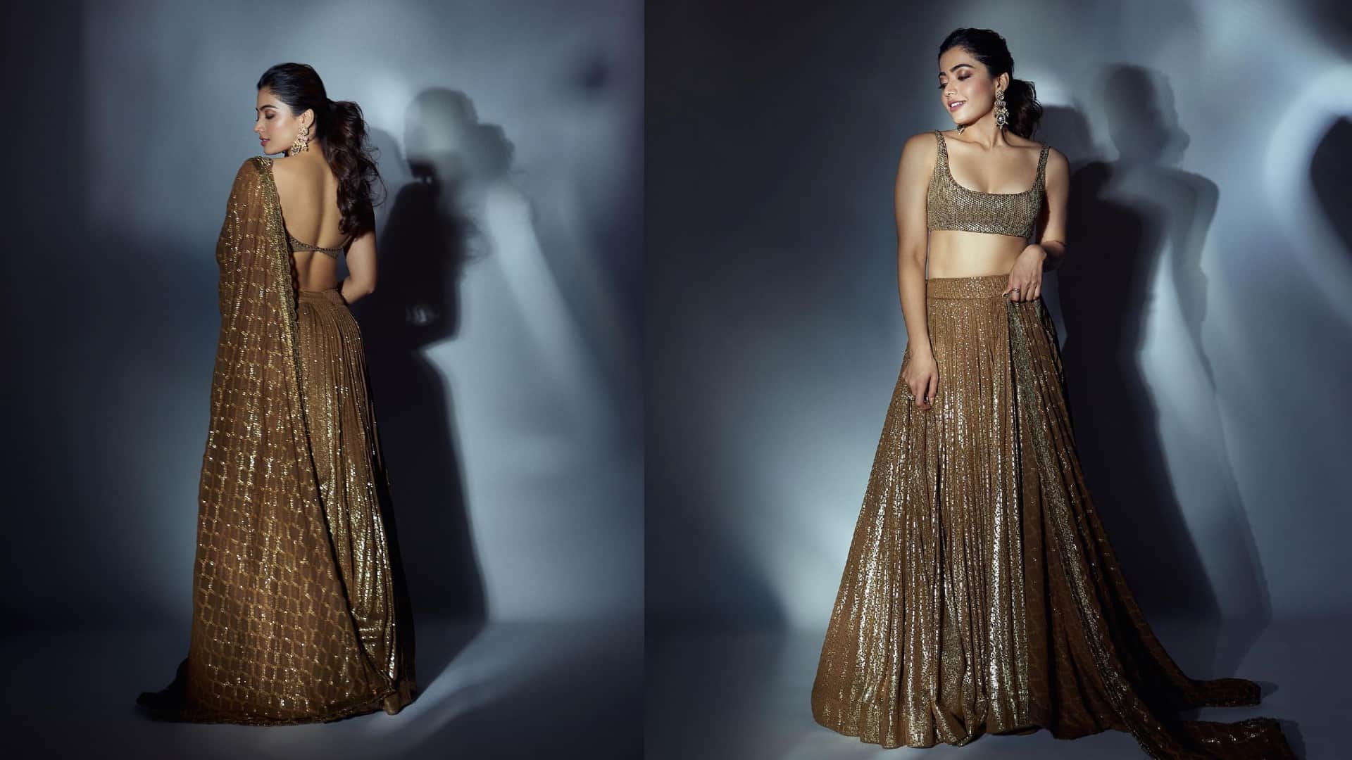rashmika mandanna latest sizzling look photos in golden shimmer lehenga see actress pics here