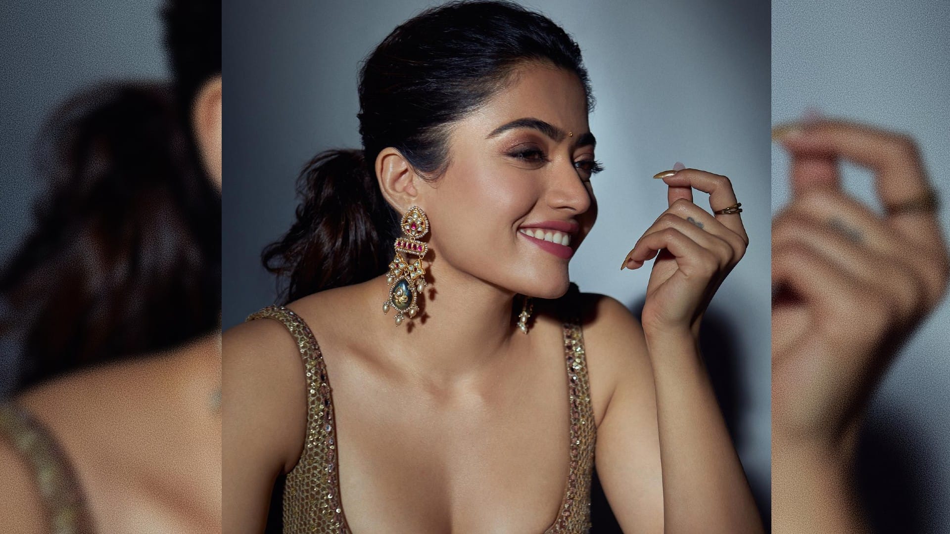 rashmika mandanna latest sizzling look photos in golden shimmer lehenga see actress pics here