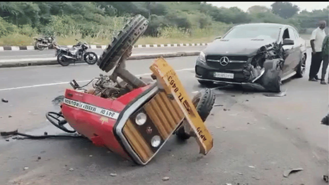 Tractor Split Into Two Parts After a head on Collision With Mercedes Benz car near Tirupati