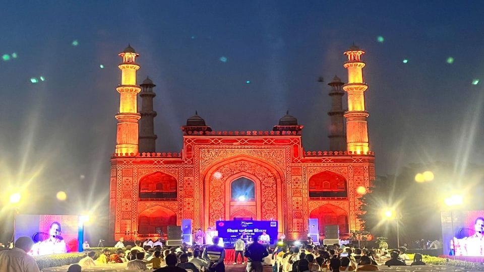 Sikandra monument lit up with colorful lights in Agra on World Tourism Day
