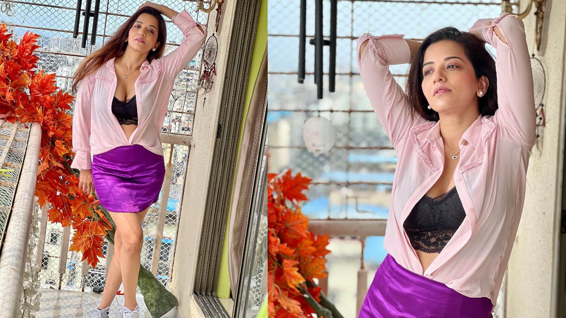 bhojpuri actress monalisa flaunts her perfect figure pink shirt latest hot photos viral on social media