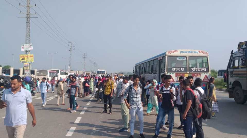 Students demonstrated at the bus stand in Jind