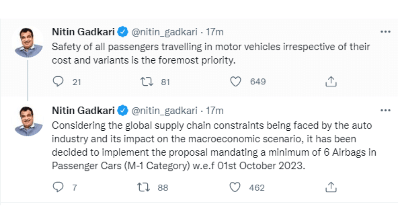 union minister Nitin Gadkari says govt will not make six airbags mandatory for cars