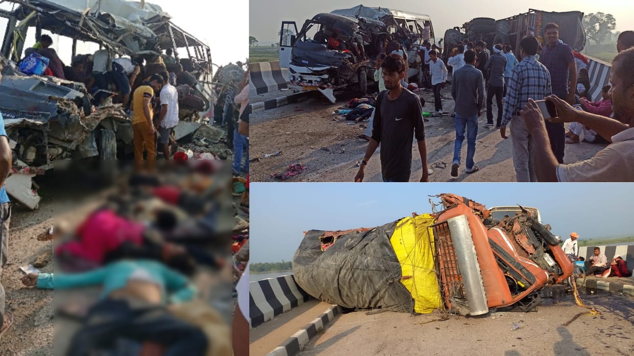 horrific road accident in lakhimpur kheri Collision between truck and private bus on Sharda bridge