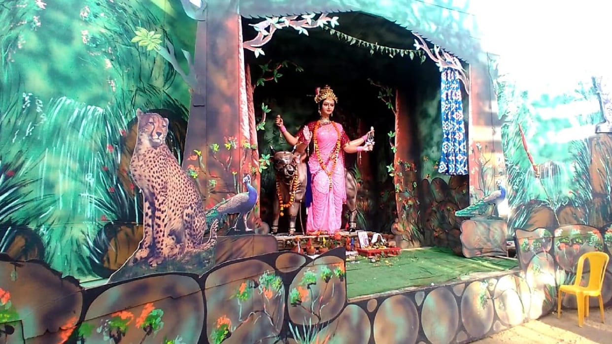 Devi pandal decorated on the theme of cheetahs of Kuno National Park in Damoh