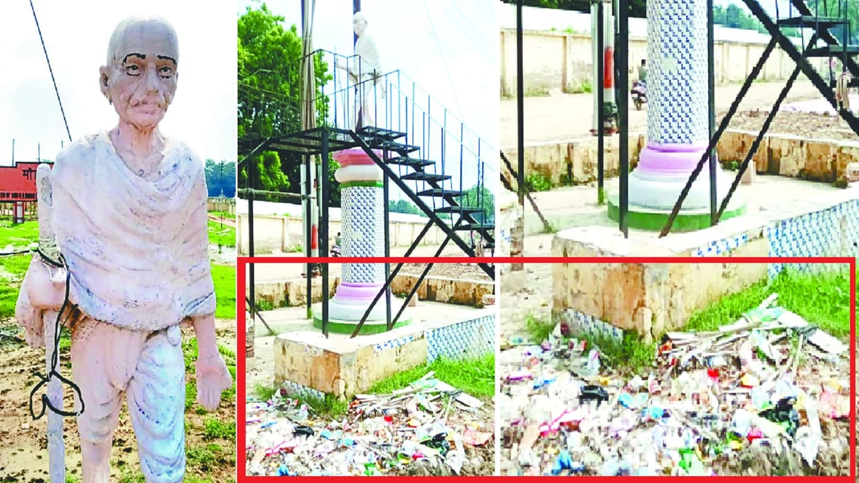 Glasses are missing from the statue of Gandhiji and there is a pile of garbage on feet in Meerut