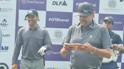 MS Dhoni enjoying golf with legendary Kapil Dev at Grant Thornton Invitational 2022 Golf event in Gurugram