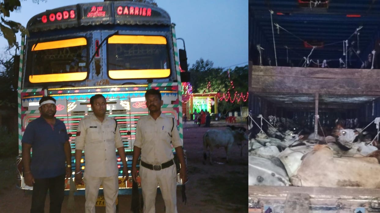 Cow smugglers fired at the police in Damoh the accused fled leaving a container full of cattle