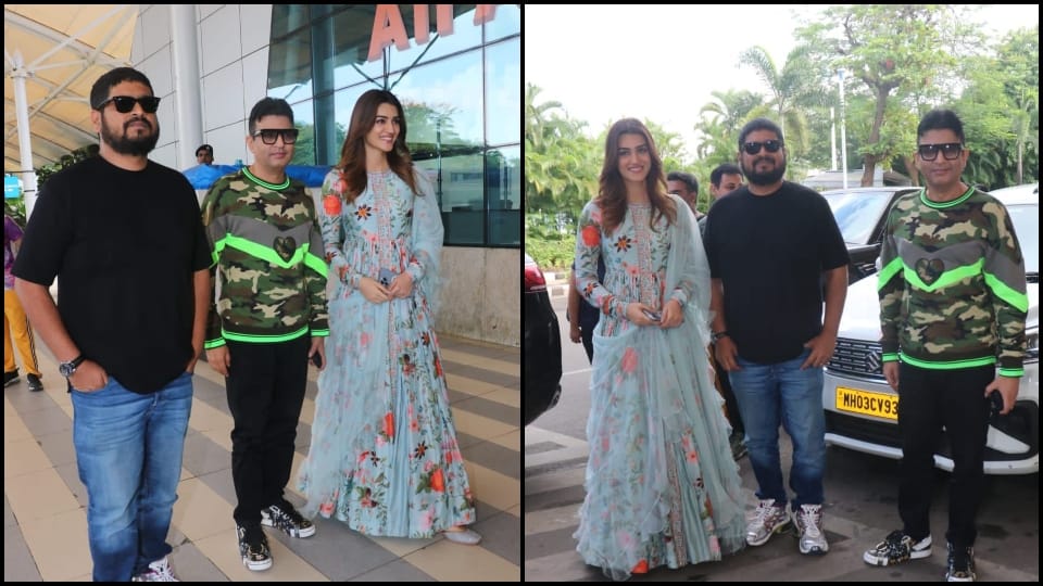 Adipurush teaser to be released today in ayodhya Om Raut Bhushan Kumar and Kriti Sanon at Mumbai Airport