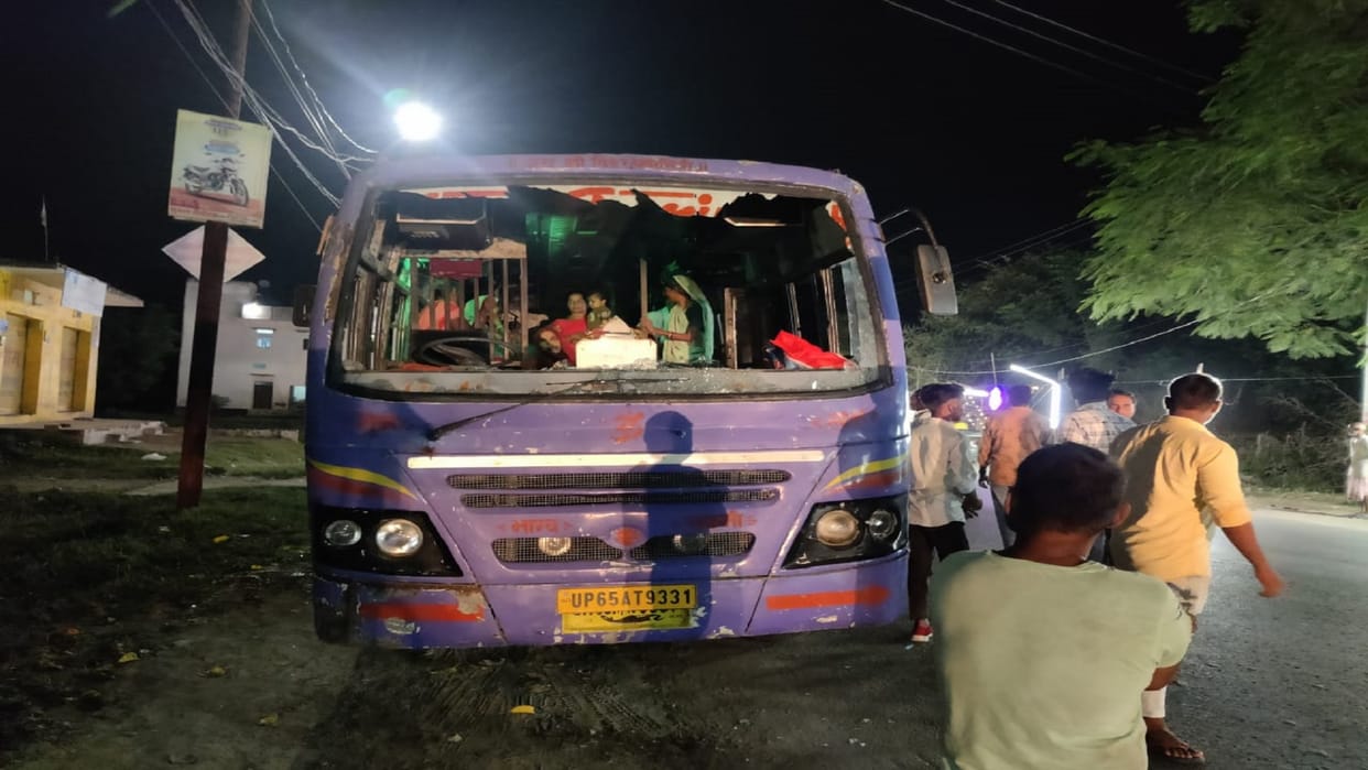 bike riders pelted stones on a bus full of pilgrims many people got hurt in bhadohi