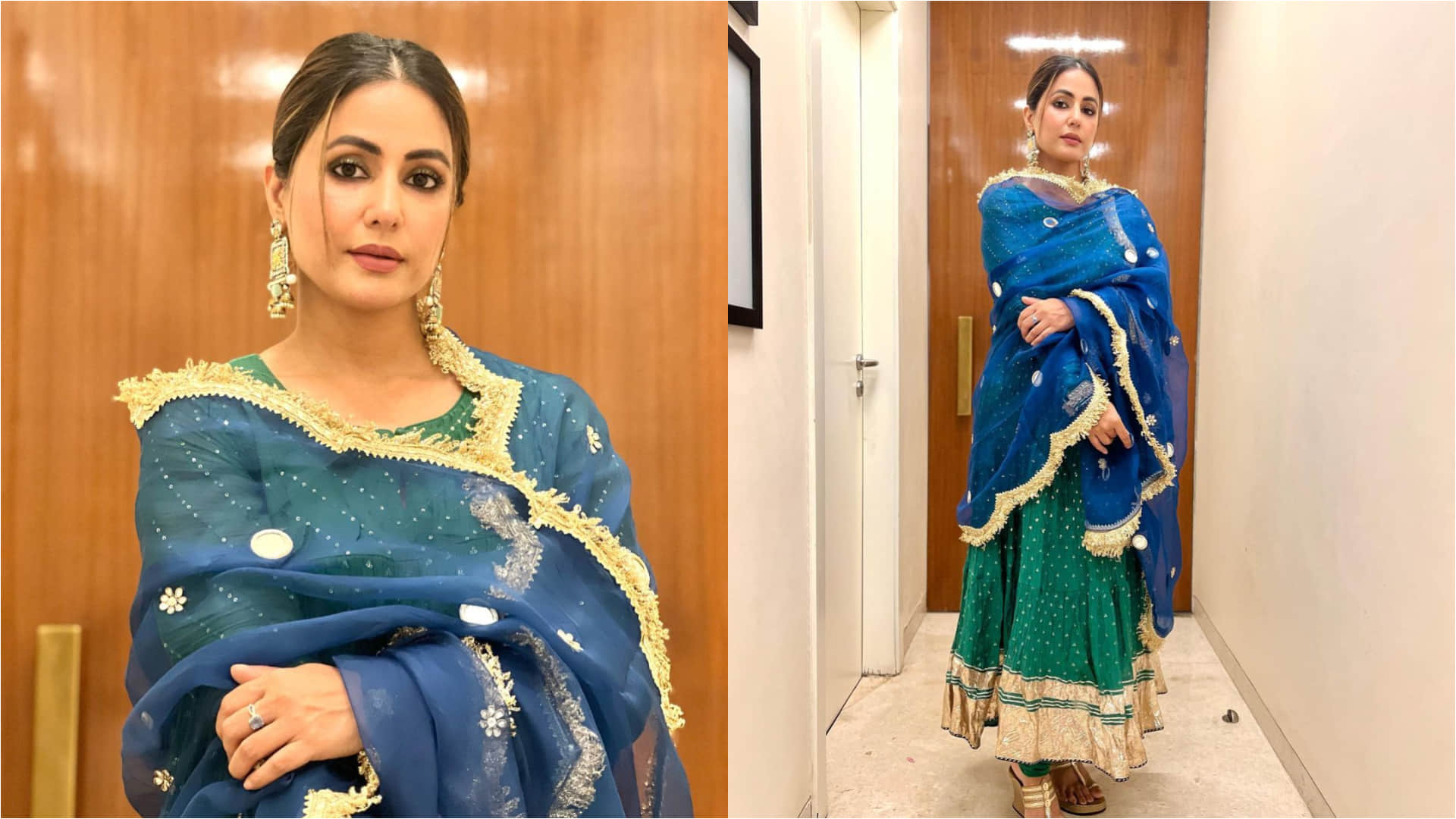 hina khan festive ready maha navami in green anarkali kurta with blue dupatta look pretty