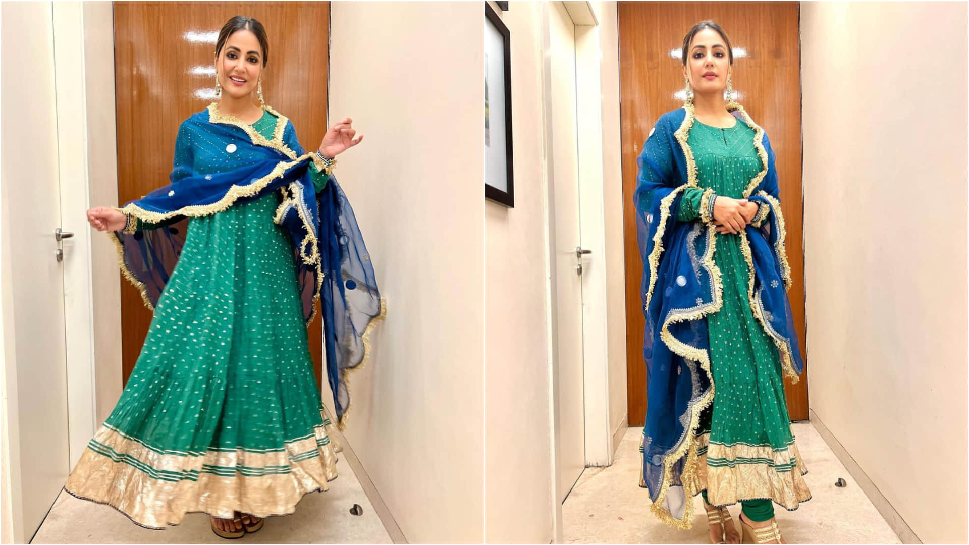hina khan festive ready maha navami in green anarkali kurta with blue dupatta look pretty