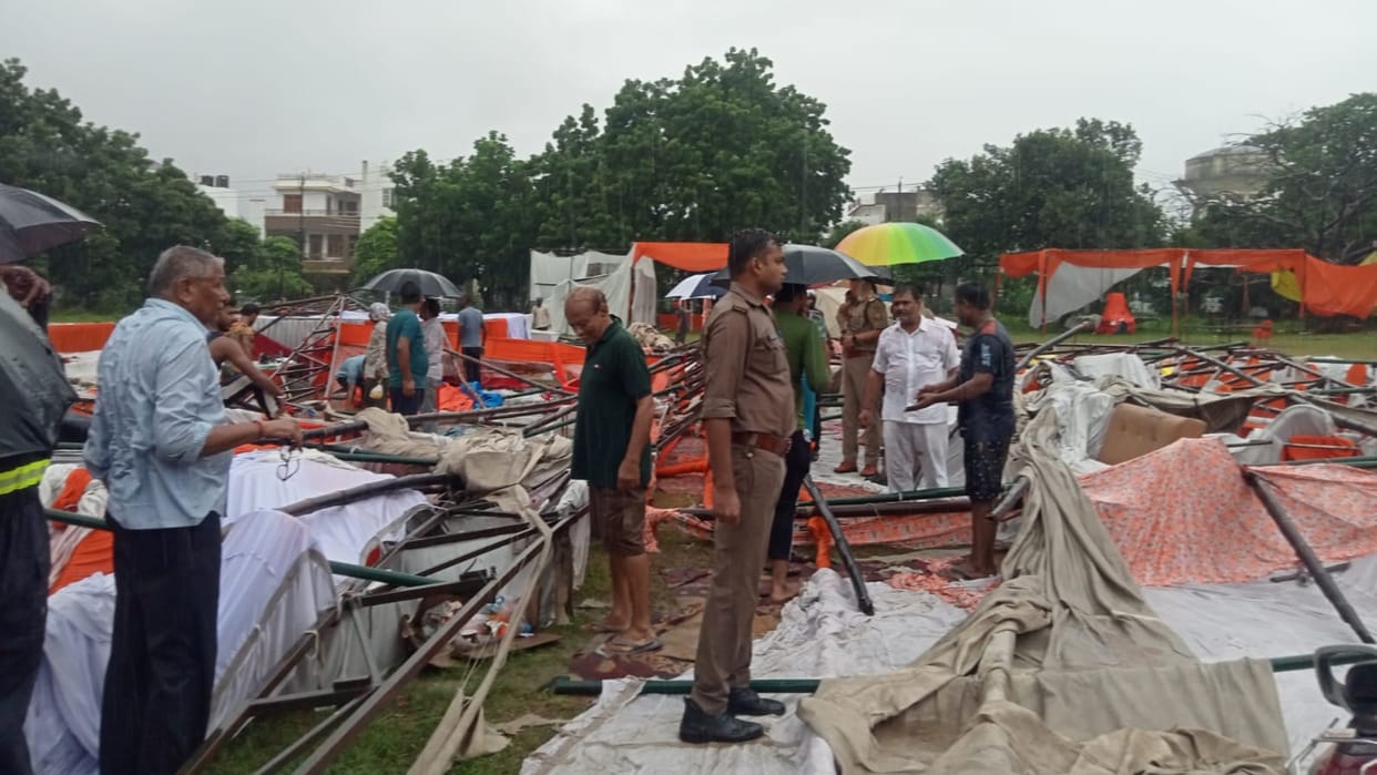 A Durga Pooja pandal falls down in Lucknow.