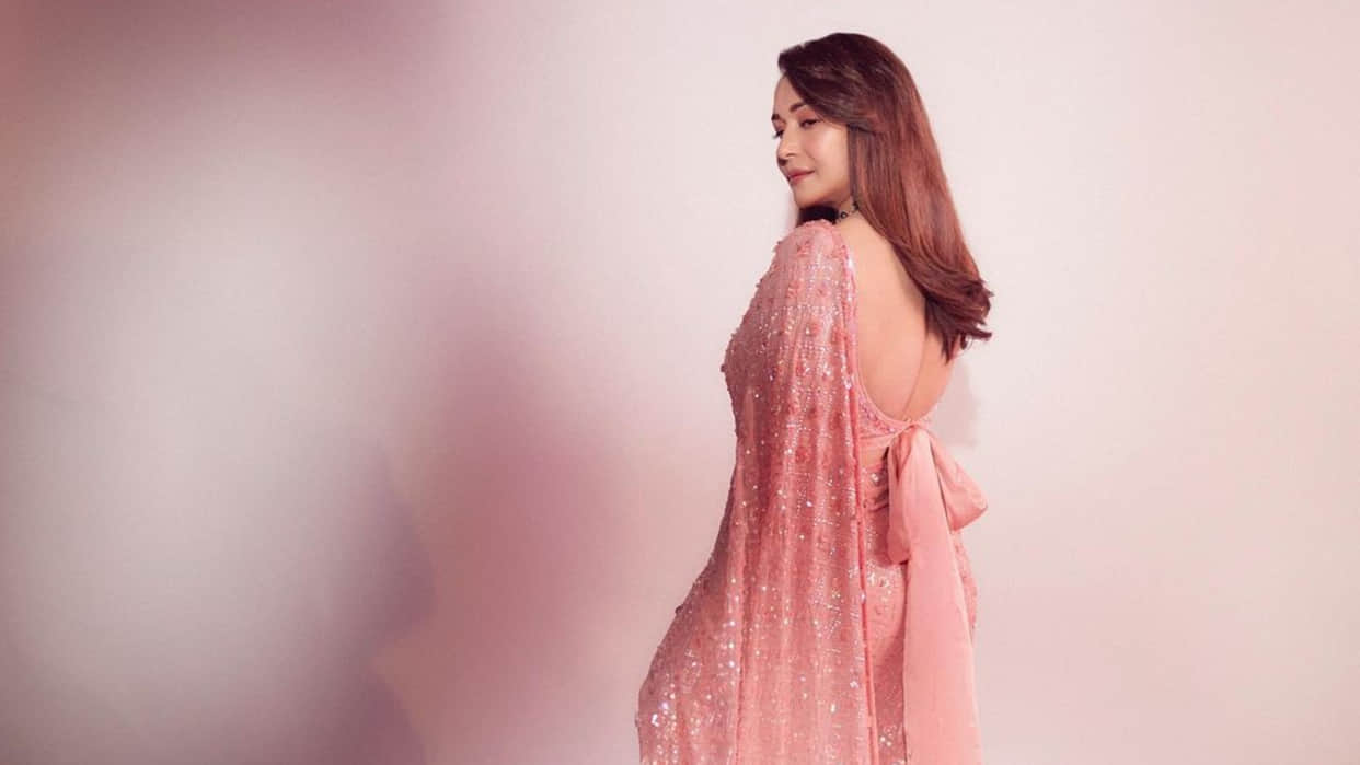 madhuri dixit blush in pink sequin work saree