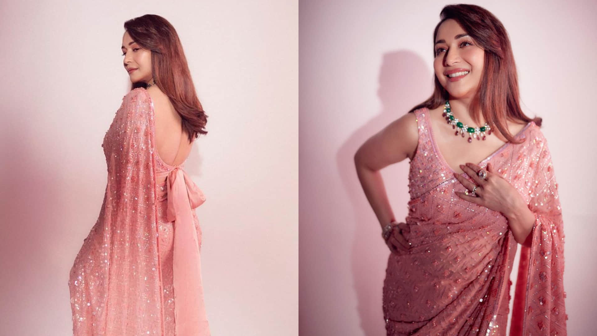 madhuri dixit blush in pink sequin work saree
