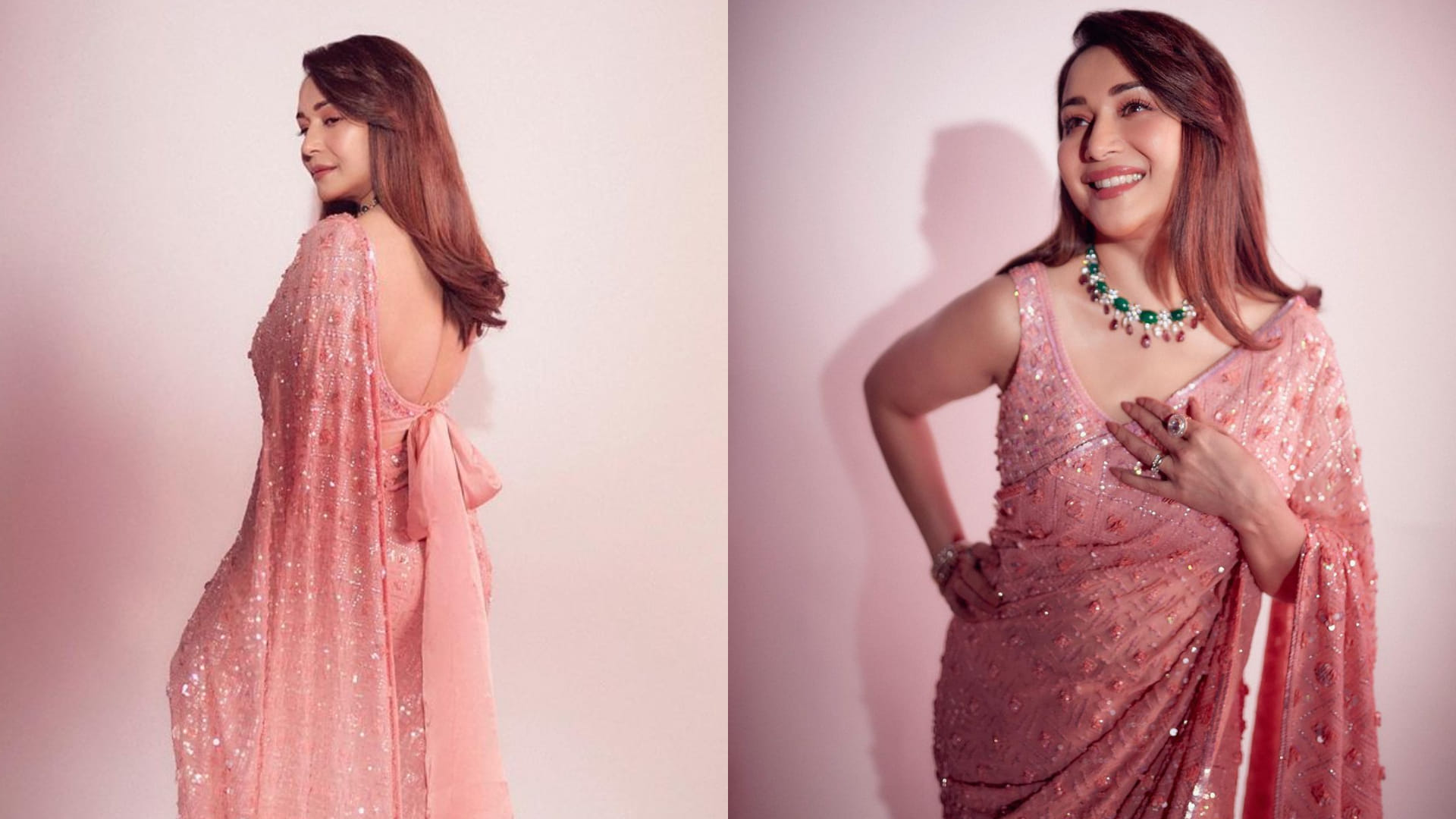 madhuri dixit blush in pink sequin work saree