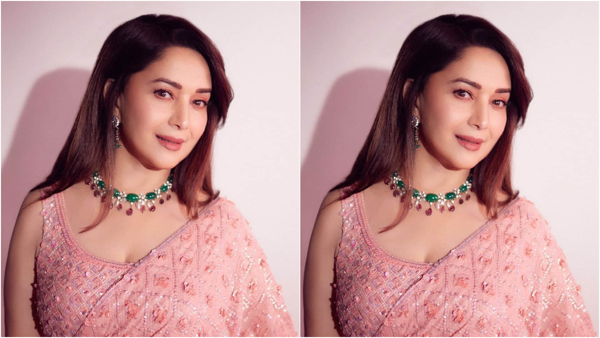 madhuri dixit blush in pink sequin work saree
