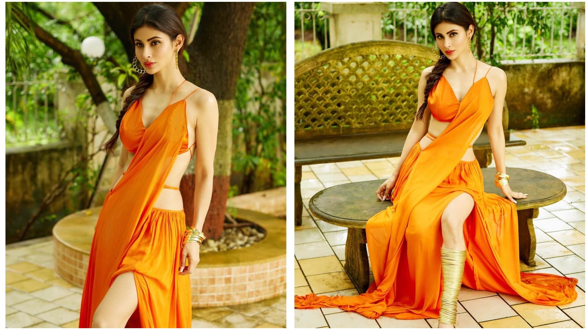 Actress Mouni Roy Orange Crop Top With Flowy Skirt Look to Follow See Her Photos