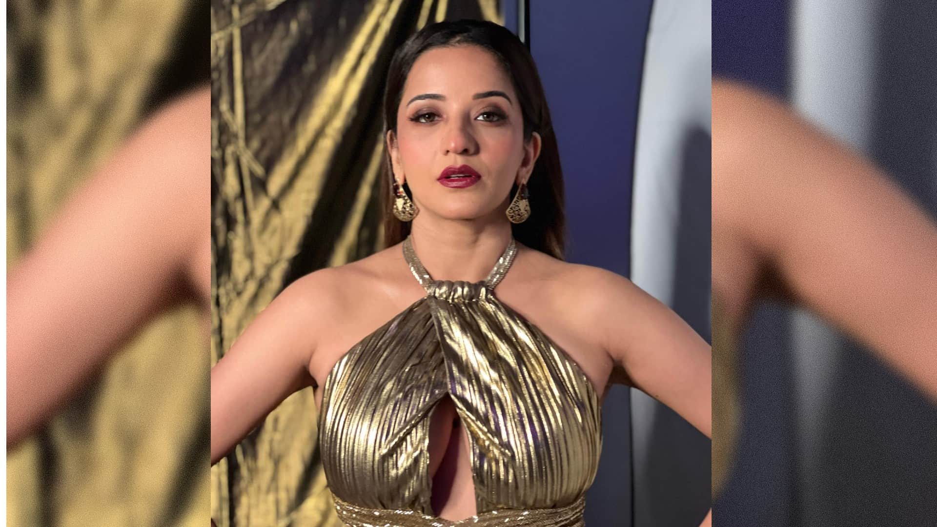 Bhojpuri Actress Monalisa Bold Look In gold shimmery gown pics Goes Viral On Internet