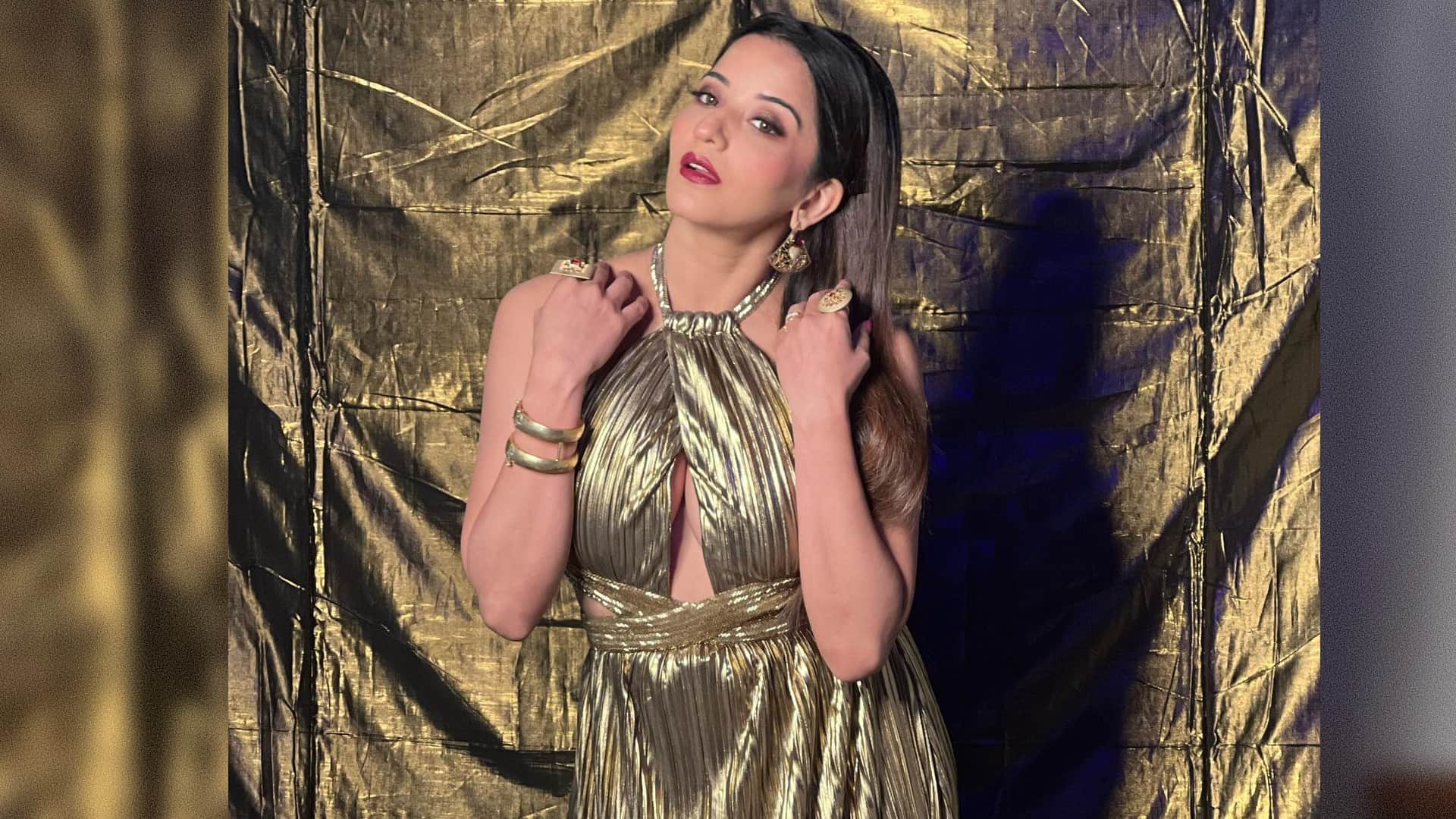 Bhojpuri Actress Monalisa Bold Look In gold shimmery gown pics Goes Viral On Internet