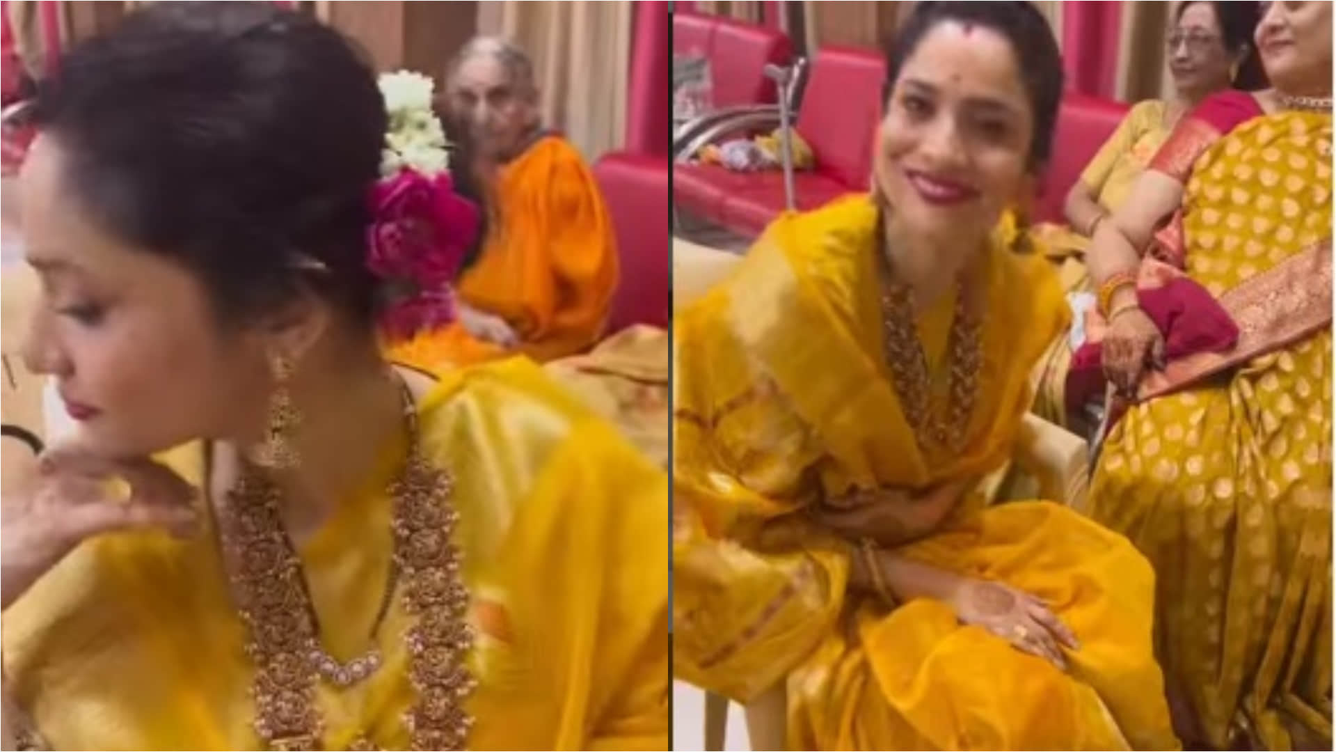ankita lokhande ready in yellow saree for brother wedding looking like bride