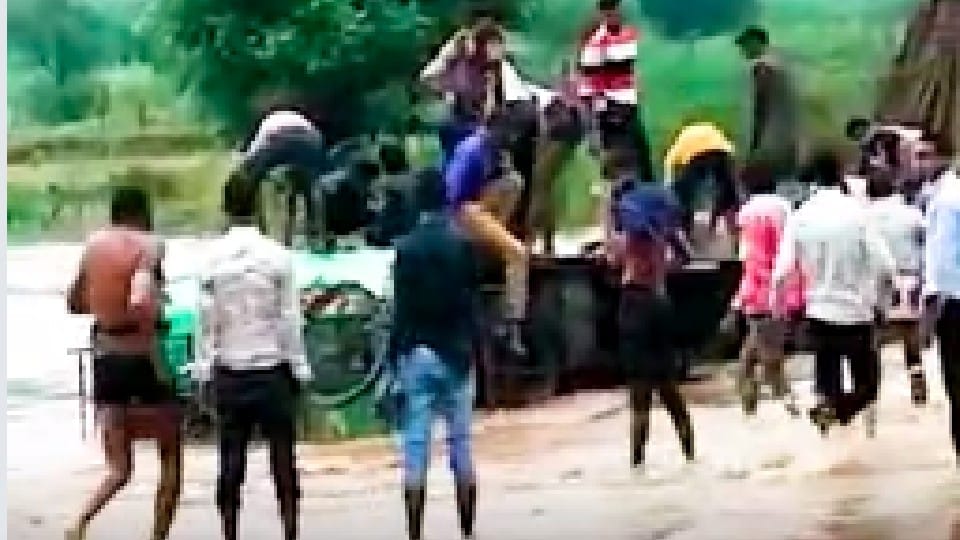 Bus overturned in a overflowing drain in Sheopur district