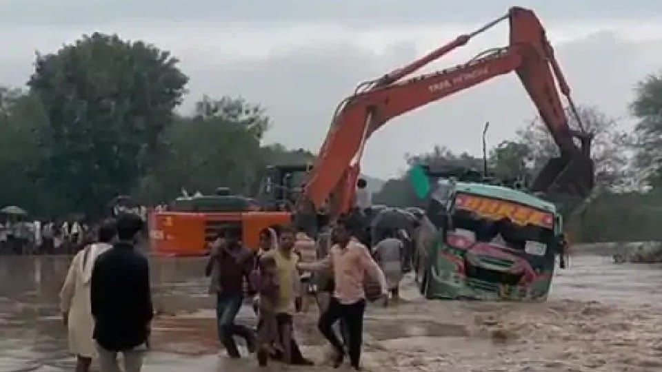 Bus overturned in a overflowing drain in Sheopur district