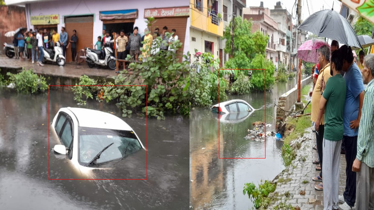Meerut: car engulfed in the drain, Driver narrowly escaped after one and half hour
