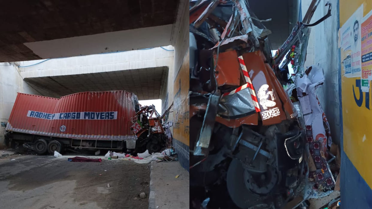 Container fell from the highway near Nayabaans village in Rohtak, driver died