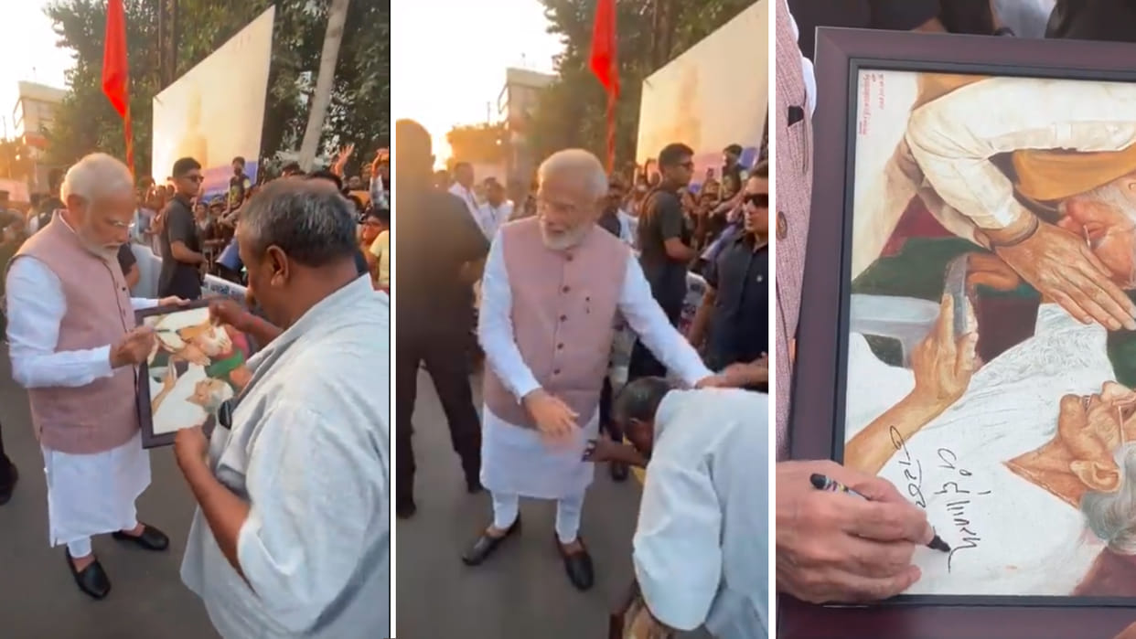 PM Narendra Modi got down from his car to accept peoples greetings in Jamnagar