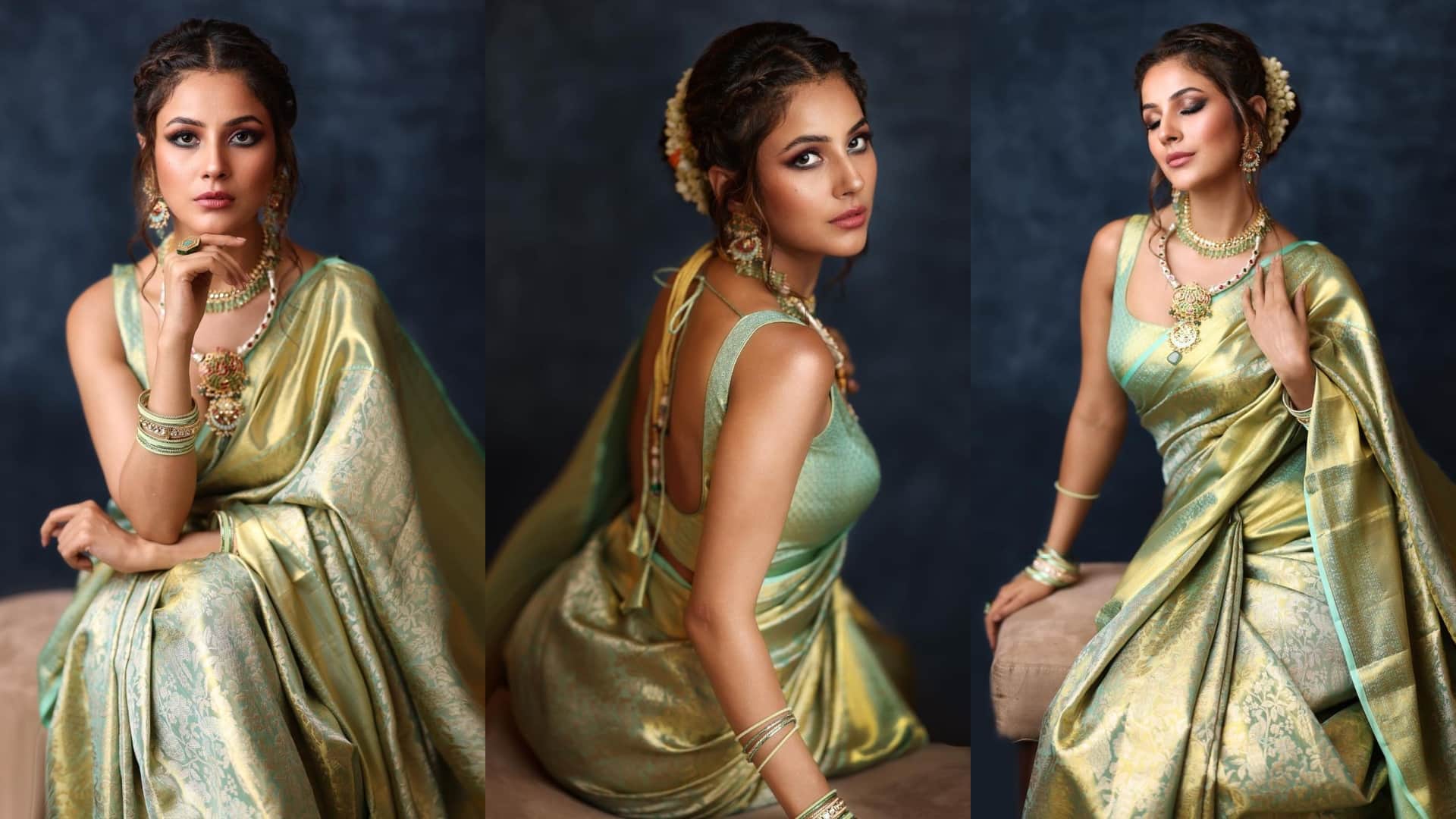 shehnaaz gill south filmfare in golden green kanjivaram saree look gorgeous