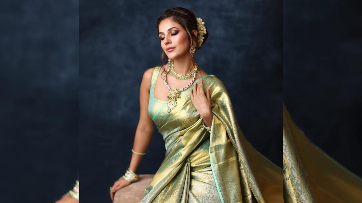 shehnaaz gill south filmfare in golden green kanjivaram saree look gorgeous