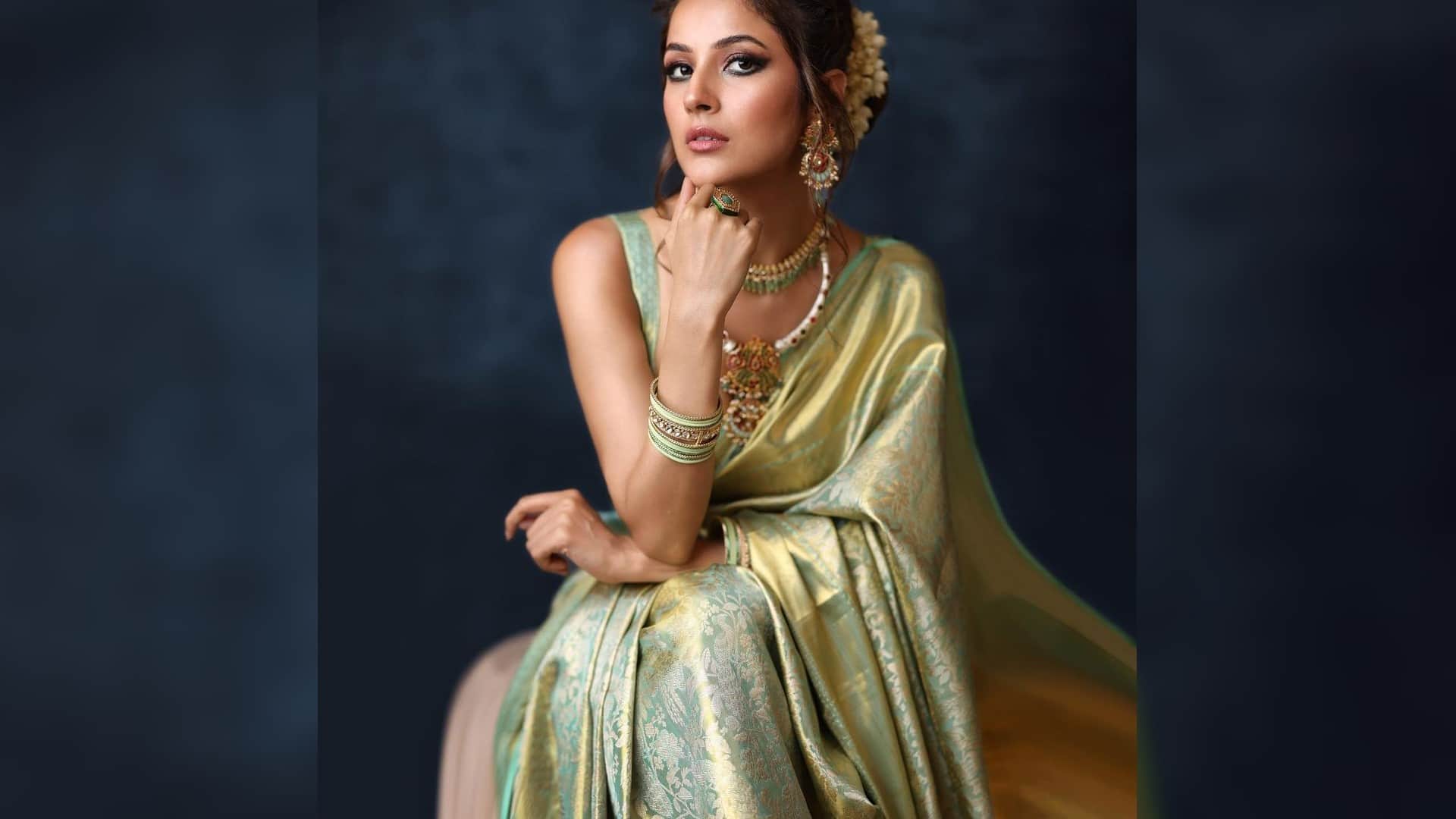 shehnaaz gill south filmfare in golden green kanjivaram saree look gorgeous