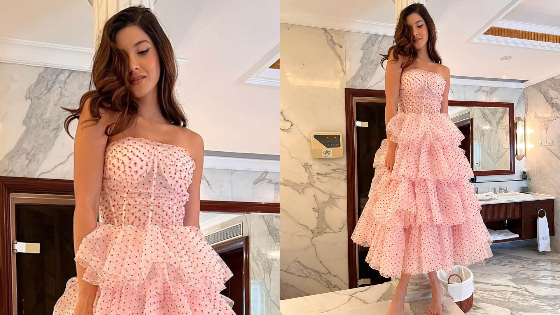 shanaya kapoor look like fairy tale in pink polka dot ruffle dress