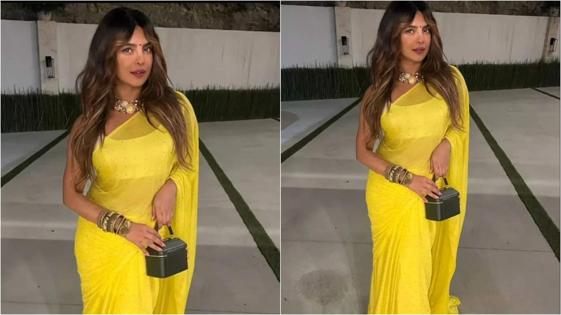before karwa chauth night priyanka chopra wear yellow saree