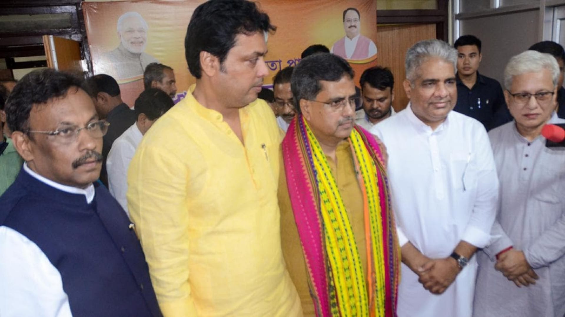 Tripura CM Manik Saha with former CM Biplab Kumar Deb and Union Minister Bhupender Yadav