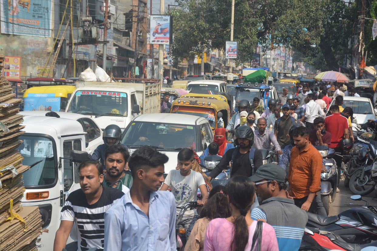 Traffic jam in the city due to examination, vehicles running by crawling