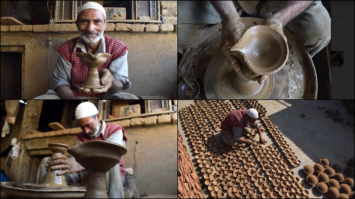 Kashmiri Muslim potter makes earthen lamps at his home workshop ahead of Diwali