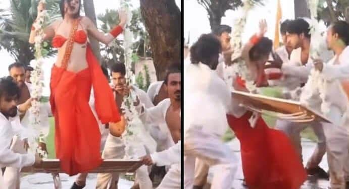 Urfi Javed fell down from swing while dancing for Haye Haye Yeh Majboori song bts video went viral on internet