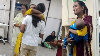 अस्पताल में बच्चे को लेकर पहुंची मां।