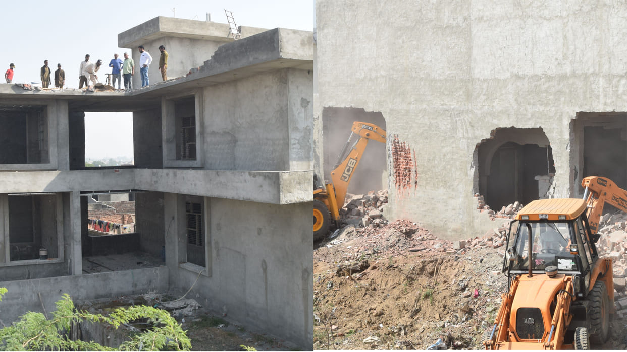Demolition of houses of two drug smugglers in Rohtak with bulldozers