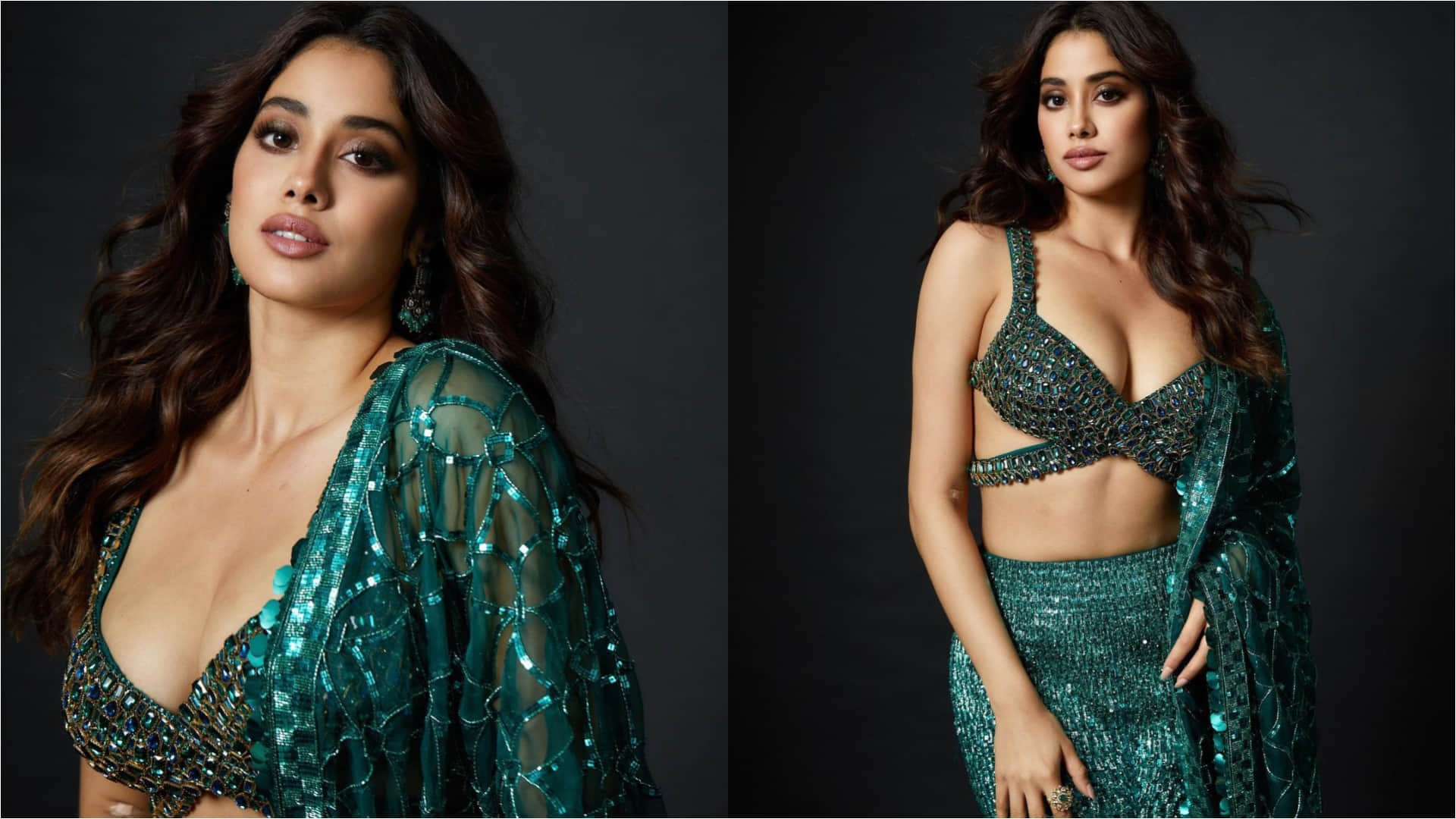 janhvi kapoor in green mermaid lehenga with sultry blouse for manish malhotra diwali party