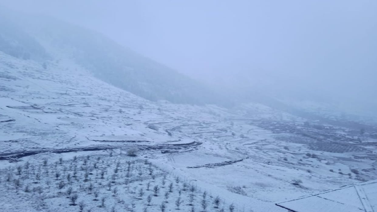 Snowfall Himachal, The residential areas of Lahaul covered the snow cover, the first snowfall of the season i
