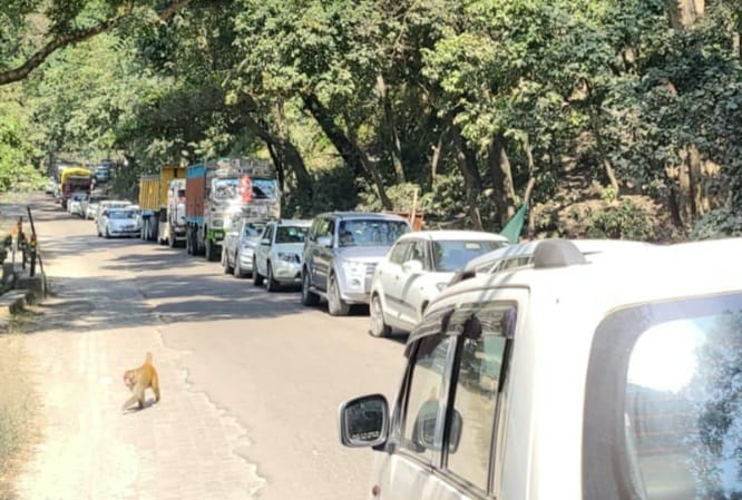 Doon Highway was jammed all day long, vehicles crawled by