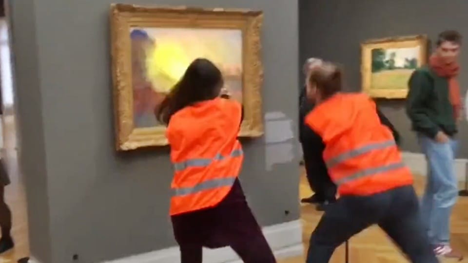 Climate protestors throw mashed potatoes at Claude Monet Les Meules painting
