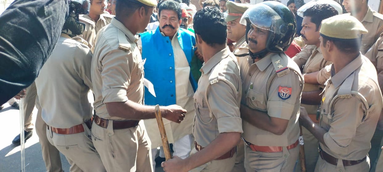 Former minister Radheshyam Singh who came to protest and arrested