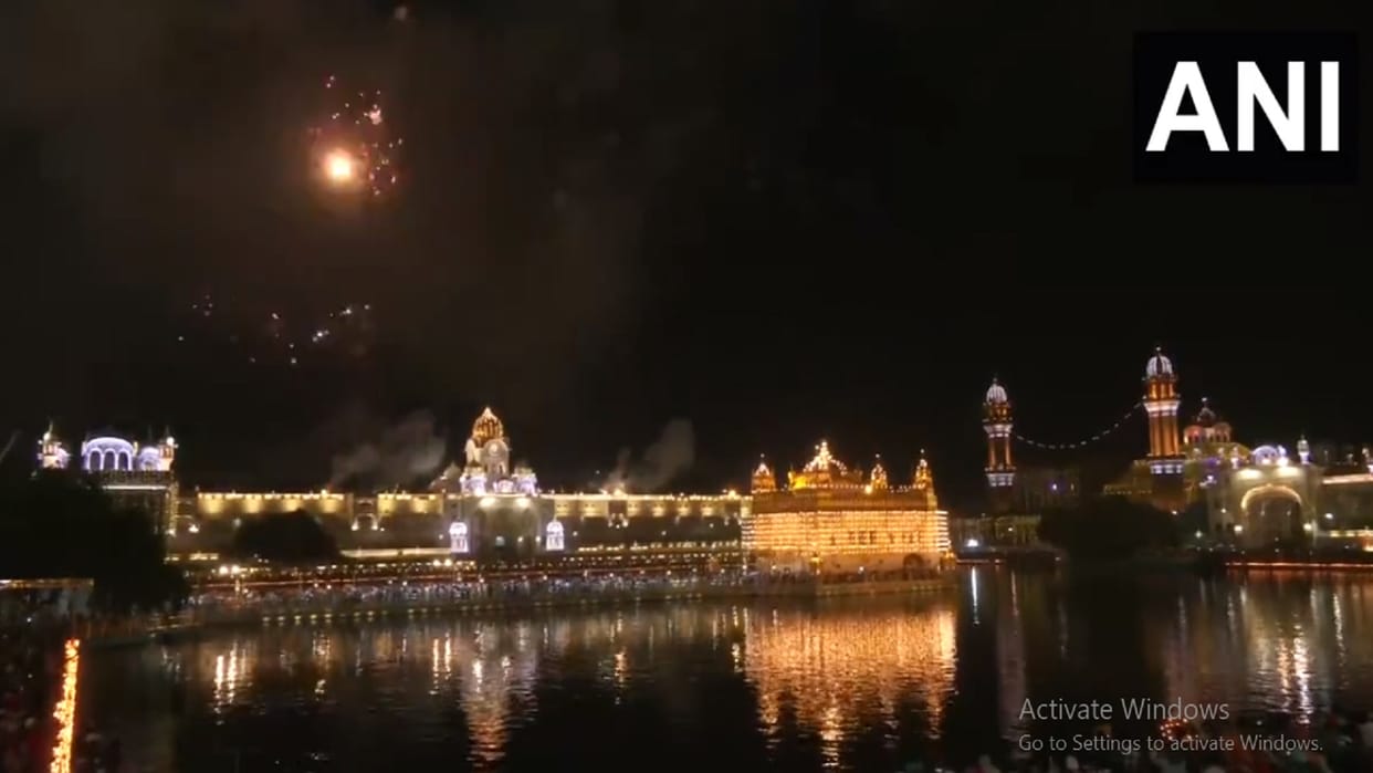 Golden Temple in Amritsar illuminated and fireworks displayed on the occasion of Diwali 2022