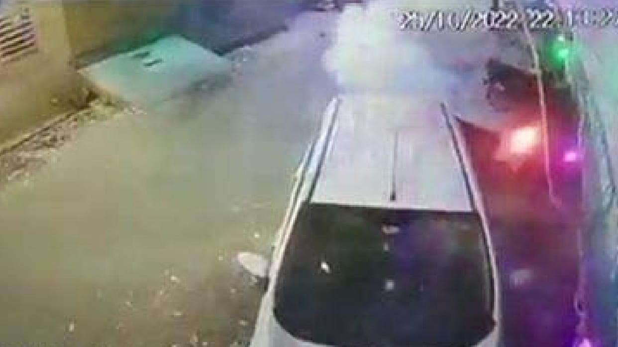 Car damaged by throwing bomb, incident captured in CCTV