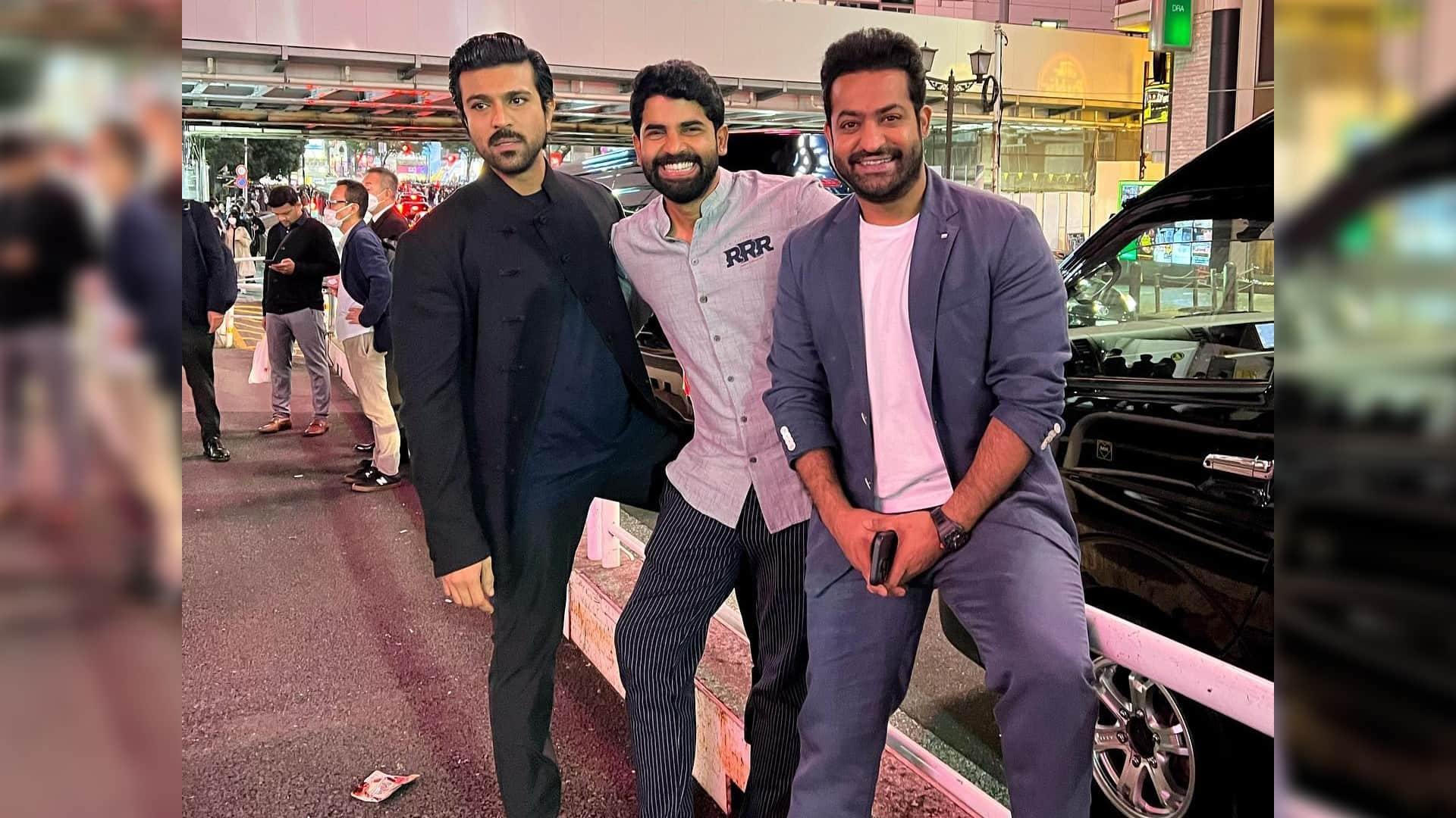rrr actor Ram Charan drops picture with SS Rajamouli Jr NTR from Japan trip