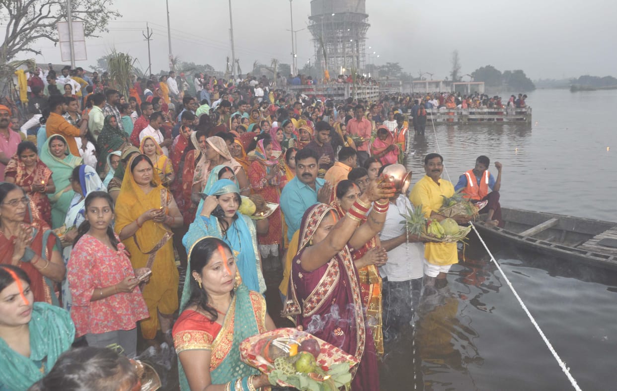 Arghya offered to the setting sun on Chhath Ghats